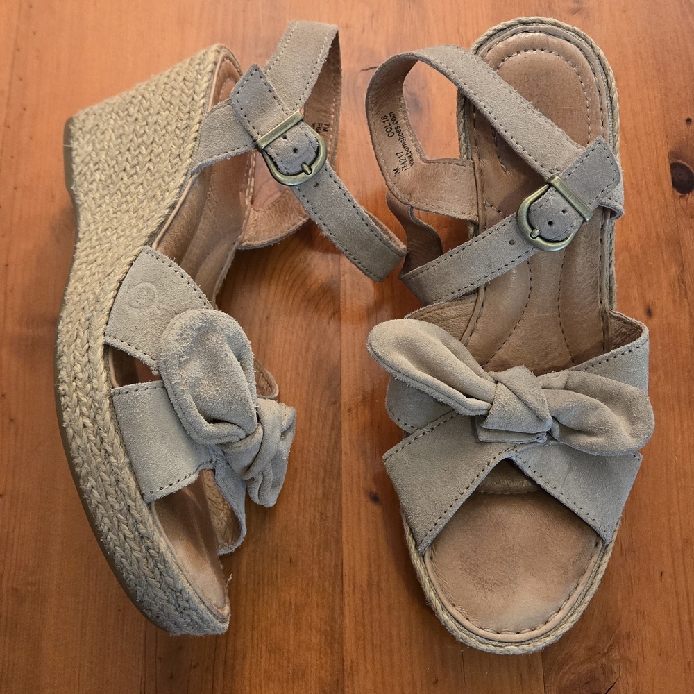 Born Monticello Espadrille Wedge Sandals Beige/Nude Leather and Suede Bow Size 7